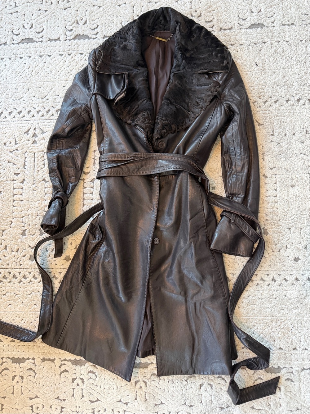 Elie Tahari Dark Brown Leather Trench Coat with Fur Collar